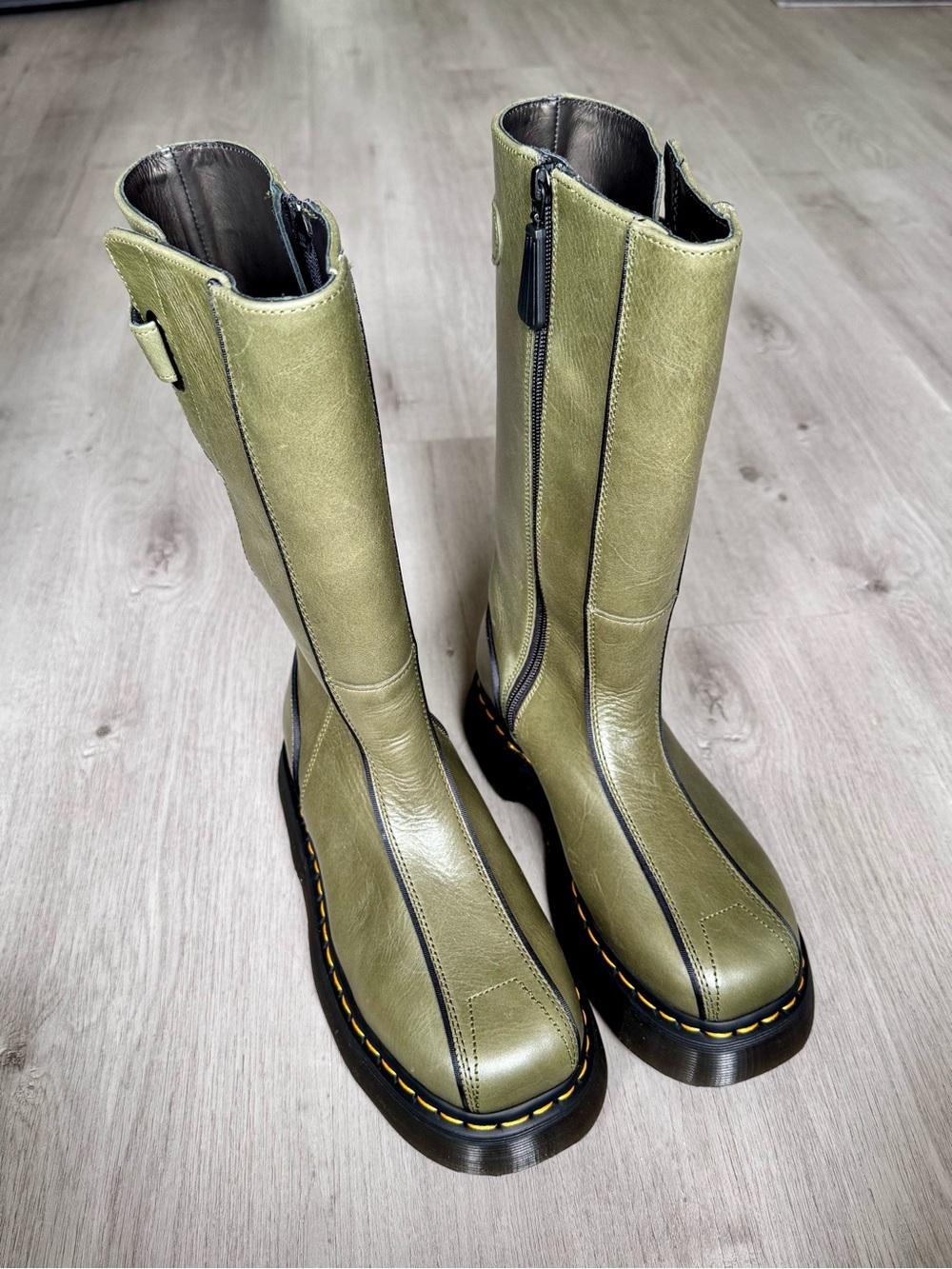 Dr. Martens Buzz Hi Eclipse Leather Mid-Calf Platform Boots - Olive Green Size 7